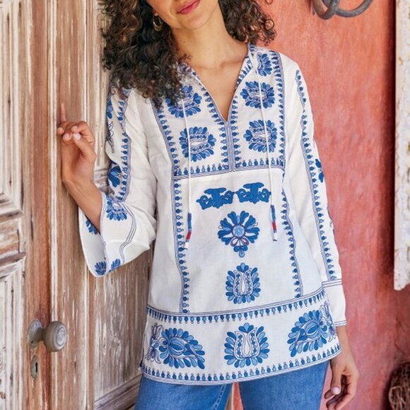 Soft Surroundings NEW Vera Blue Floral Embroidered Cotton Tunic Top size PXL - Picture 2 of 13